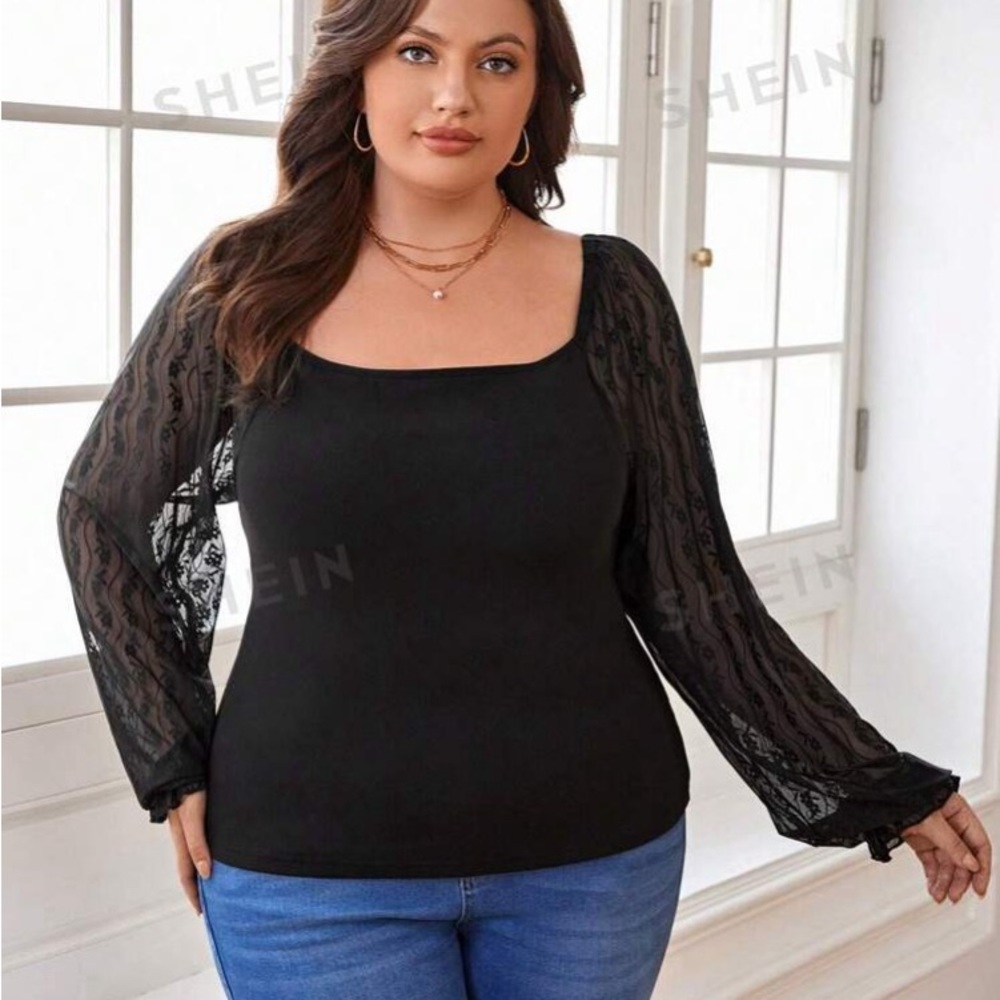 SHEIN Black Lace Sleeve Top